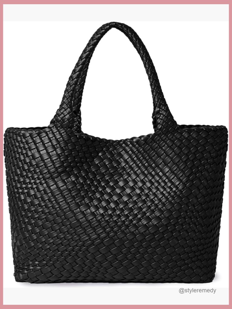 Woven Top Handle Shoulder Bag Vegan Leather Shopper Tote Large Capacity